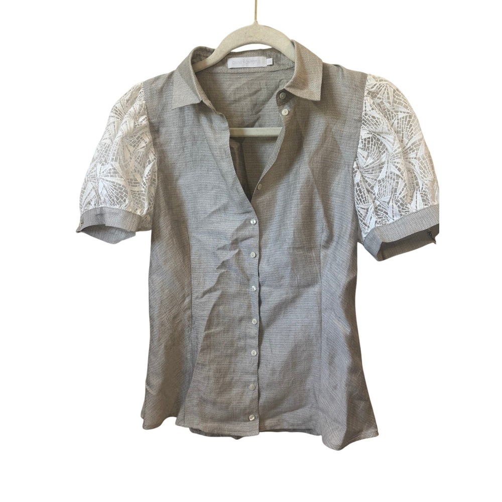Anne Fontaine Irina Grey Linen Blend Lace Puff Sleeve Button Down Shirt Size 38